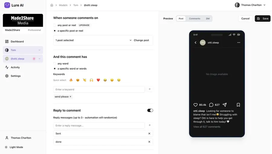 LureAi AI auto-reply configuration - keyword triggers and randomised reply rules per account