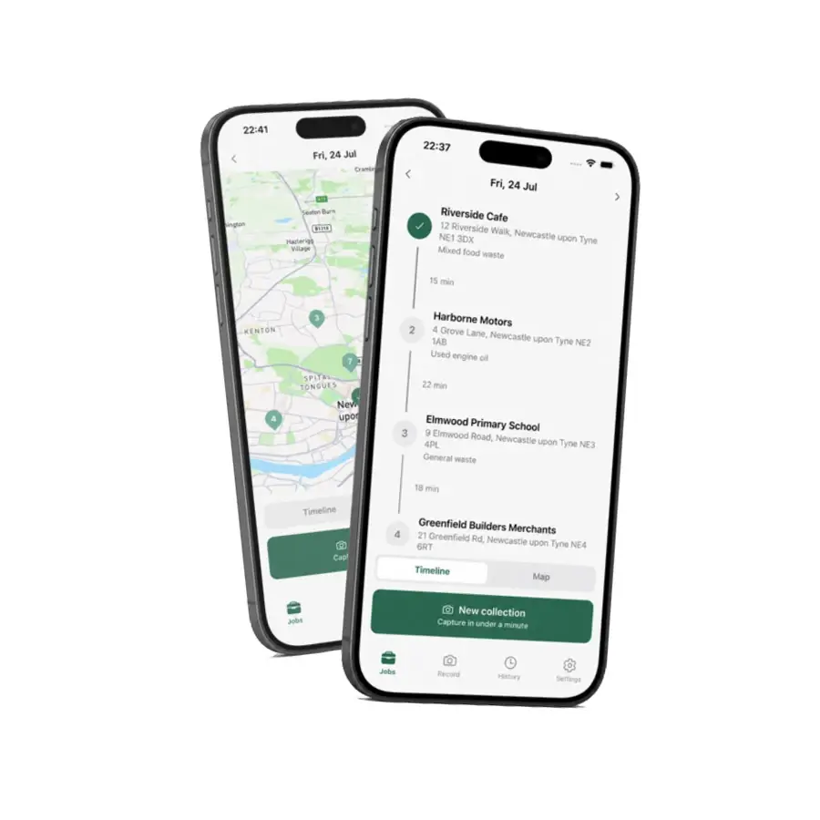 WasteTrace mobile app - the driver's collection timeline and route map for the day